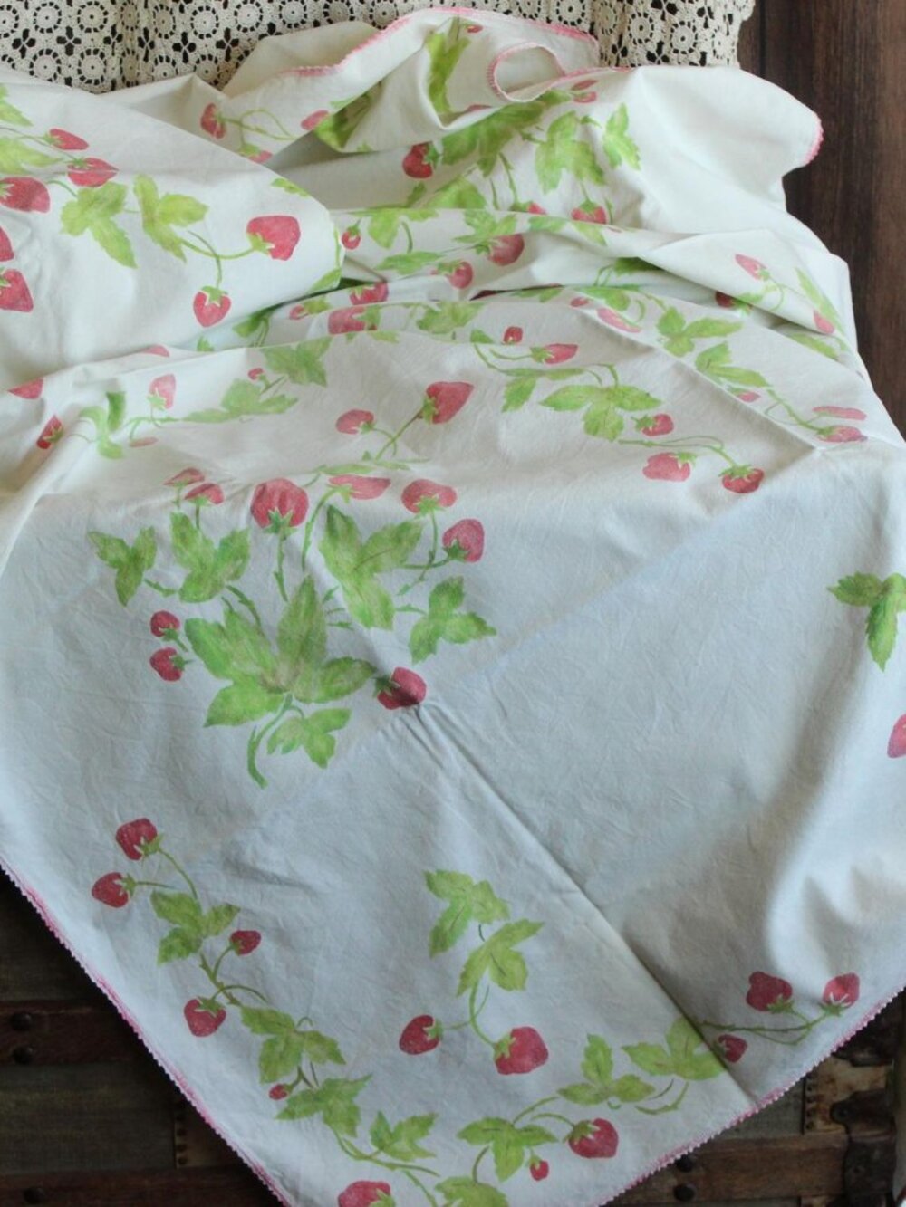 Vintage 1950s Tablecloth, Strawberry Fruit Print White Cotton Table Topper